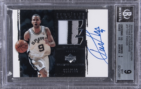 2003-04 UD "Exquisite Collection" Patches Autographs #TP Tony Parker Signed Game Used Patch Card (#032/100) - BGS MINT 9/BGS 9